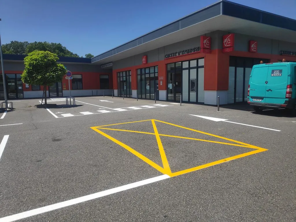 Parking professionnel avec marquages blancs, zébra jaune et passage piéton devant un bâtiment