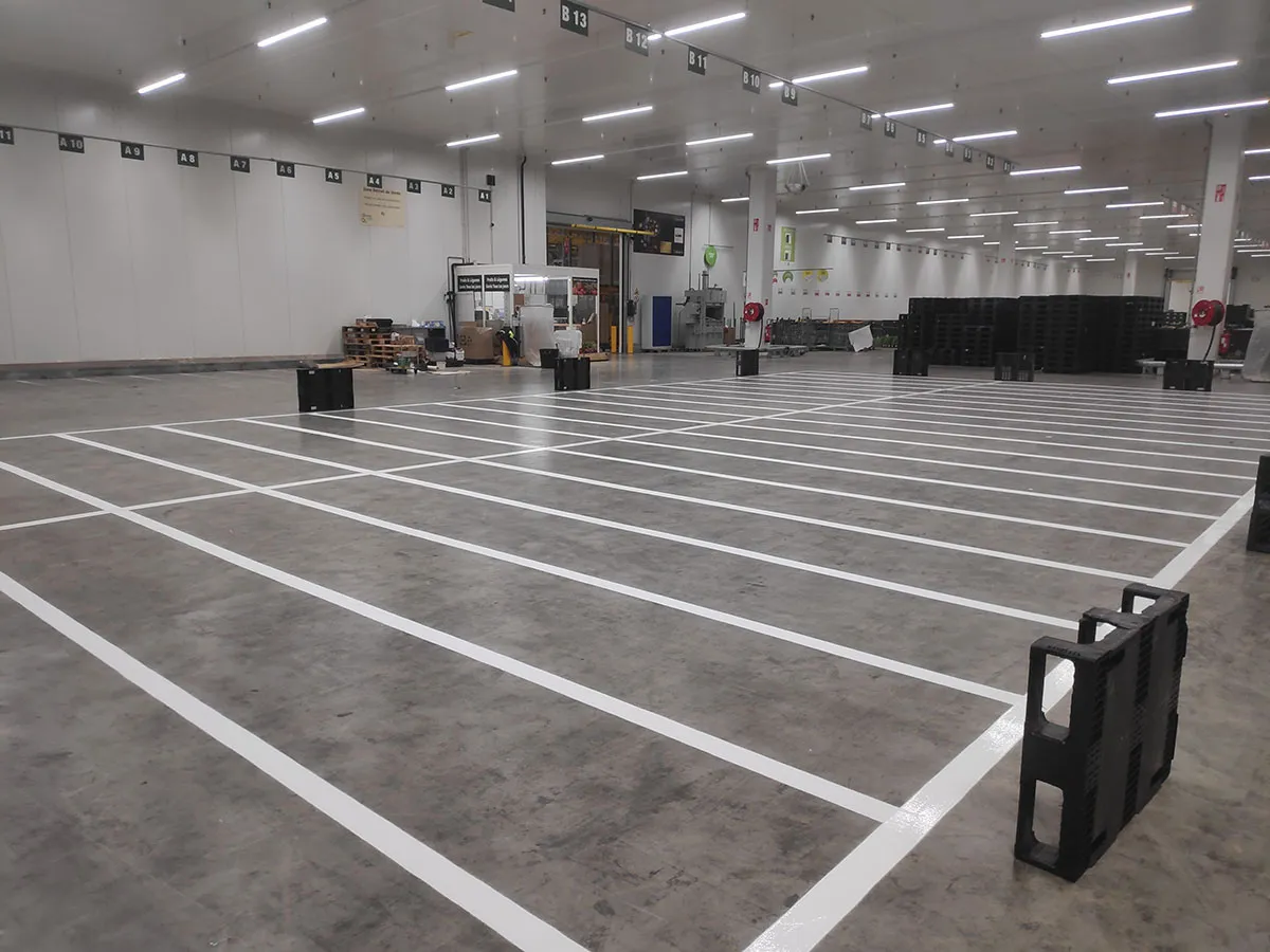 Grande zone logistique intérieure organisée par de nombreuses lignes blanches