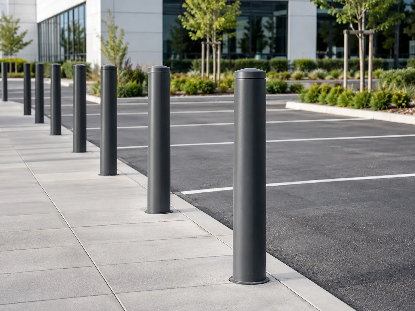 Potelets métalliques anthracite alignés entre un parking et un cheminement piéton